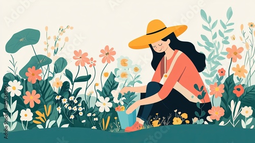 Flat vector style of a gardener planting flowers in a garden.