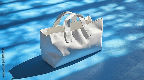 A stylish white tote bag is showcased on a blue background, highlighting its clean design and structure. Perfect for daily use or shopping, it makes a bold statement. photo