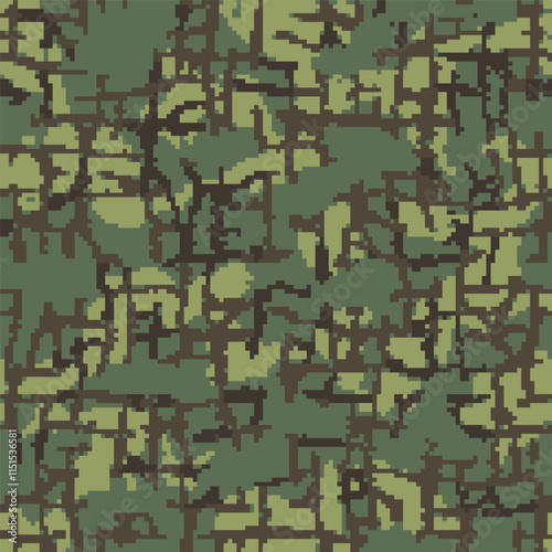 Woodland camouflage seamless pattern incorporating tiny pixels and irregular grid shapes of brown, black, olive green and light green.	
