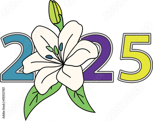 Illustration of 2025 Floral Number with Blossom Lily and Leaves Decoration for New Year celebration element vector.