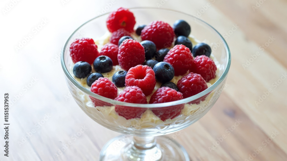 Dessert with Berries in Glass Bowl with Natural Light Dessert with Berries in Glass Bowl with Natural Light