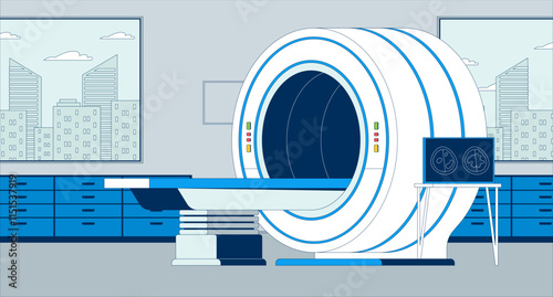 MRI scanner room empty flat illustration. Medical equipment. Radiology magnetic resonance imaging 2D interior cartoon background. Computed tomography machine. CT scan technology scene vector image