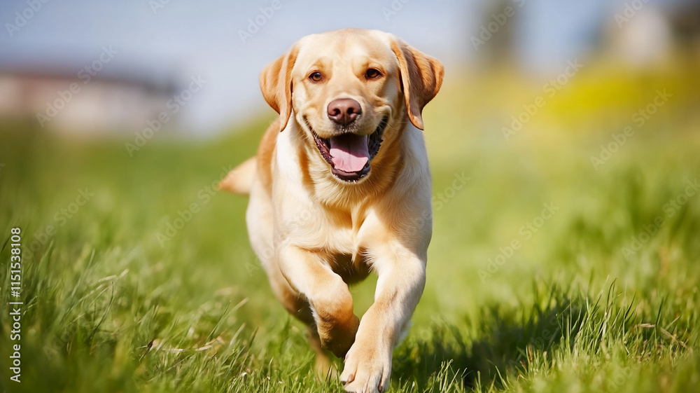 running Labrador Retriever towards the camera during mid-day in a grassfield running Labrador Retriever towards the camera during mid-day in a grassfield