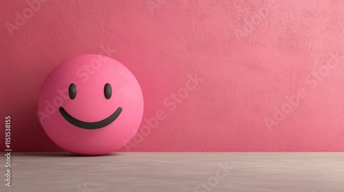 Bright pink ball with a smiling face, set against a textured pink wall, creating a cheerful and playful mood