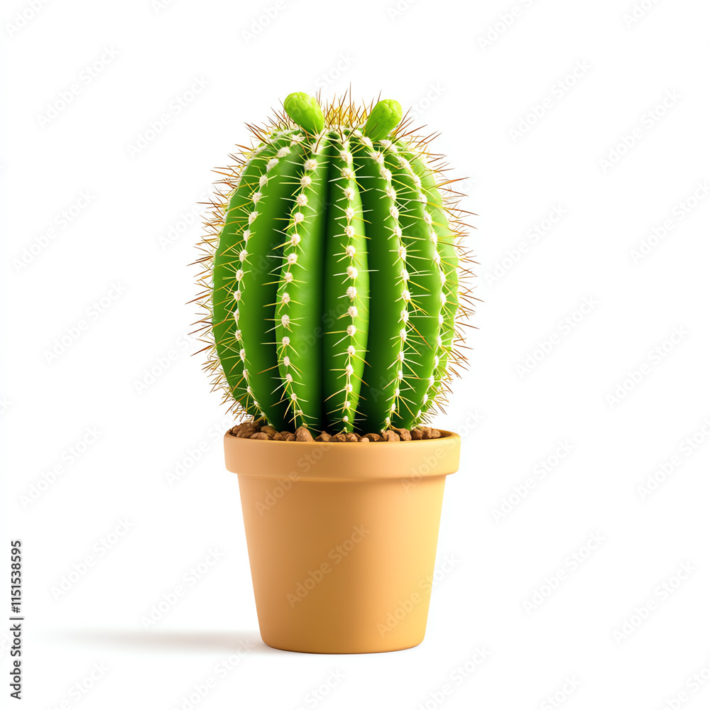 Cactus plant in a terracotta pot, vibrant green color, displaying unique spines, isolated on a white background. Cactus plant in a terracotta pot, vibrant green color, displaying unique spines, isolated on a white background.