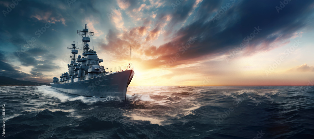 a warship sails on the tranquil waters of the ocean, its silhouette cutting through the horizon as it stands ready for battle, symbolizing the might and strength of the navy.