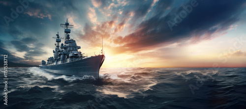 Obraz na płótnie a warship sails on the tranquil waters of the ocean, its silhouette cutting through the horizon as it stands ready for battle, symbolizing the might and strength of the navy. w salonie