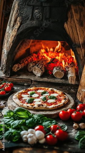 Wood-fired oven baking delicious margarita pizza with fresh ingredients.
