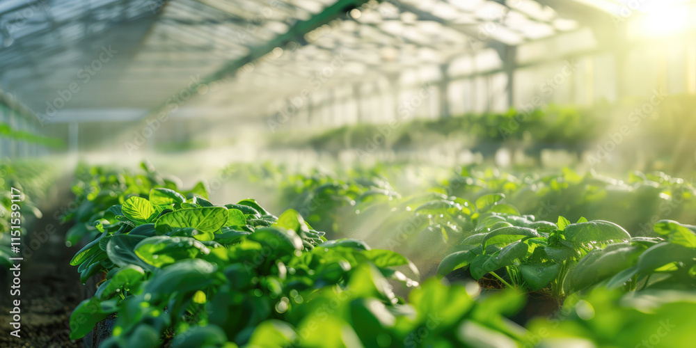 Greenhouse filled with vibrant plants, growing under controlled conditions with careful irrigation and cultivation