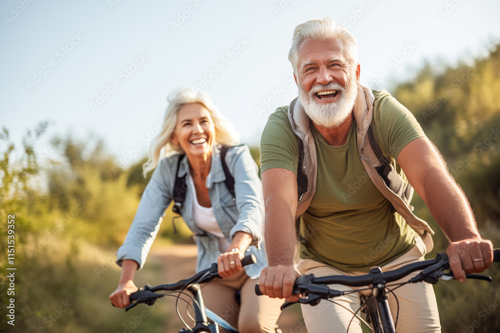 an elderly husband and wife pedal side by side, reveling in the simple pleasure of cycling together on a beautiful autumn day.