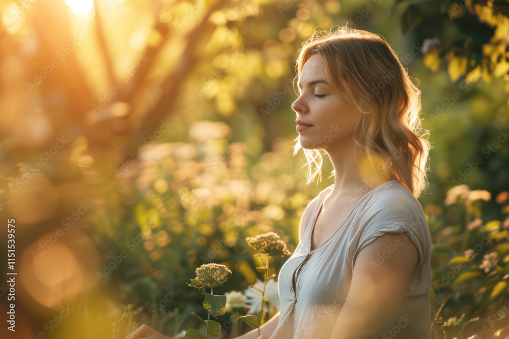 A woman practicing yoga outdoors in a serene garden, embodying calmness and balance in her mindful breathing exercise
