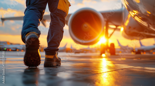 technician walks towards aircraft during sunset, showcasing dedication and professionalism in airline maintenance