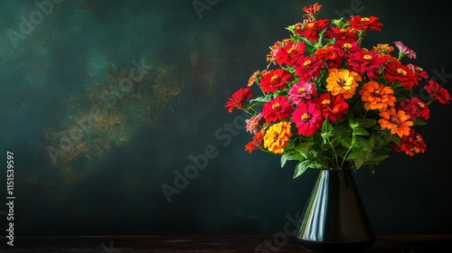 Wallpaper Mural Vibrant Zinnia Bouquet in Dark Vase Against Deep Green Background Torontodigital.ca