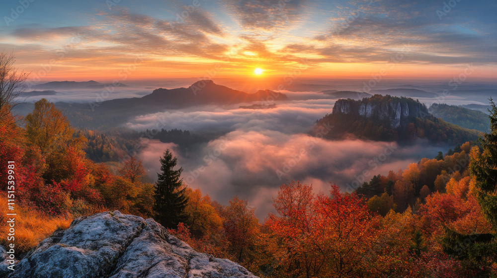 Fototapeta premium Majestic sunset over hazy valley with autumn foliage and distant mountains in peaceful landscape