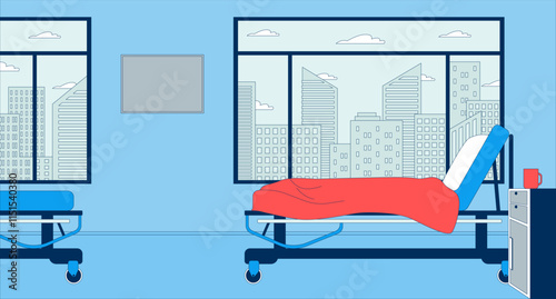 Empty hospital ward with adjustable bed on rolling wheels flat illustration. Hospitalization room 2D interior cartoon background. Hospital admission. Private clinic sickroom scene vector image