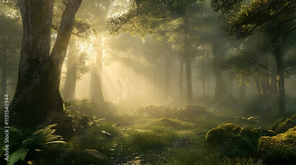 Sunlit Forest Path: A Misty Morning in the Woods Sunlit Forest Path: A Misty Morning in the Woods