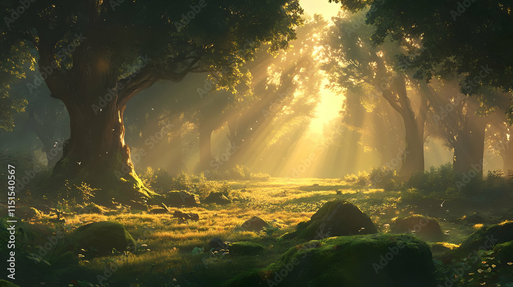 Sunlit Forest: A Magical Landscape of Ancient Trees and Golden Light Sunlit Forest: A Magical Landscape of Ancient Trees and Golden Light