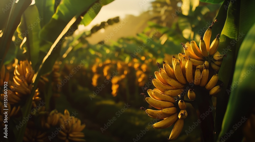 Fototapeta premium 72.A wide-format header image of a banana plantation, with rows of banana trees bearing clusters of ripening yellow bananas. The scene showcases the rich green of the foliage and the warm yellow