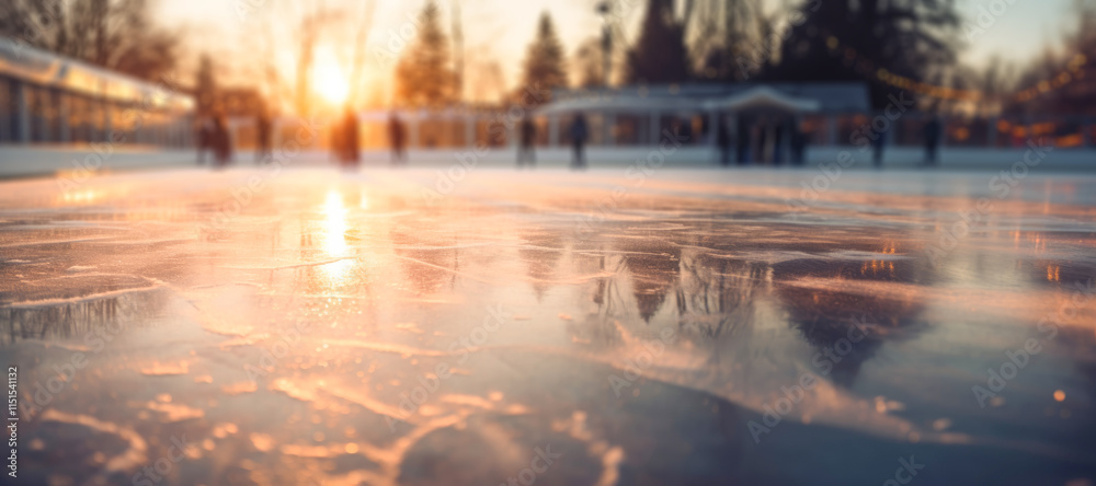 Φωτογραφία An abstract blurred depiction of an ice rink illuminated by setting sun, evoking the joy and celebration of the winter season and Christmas