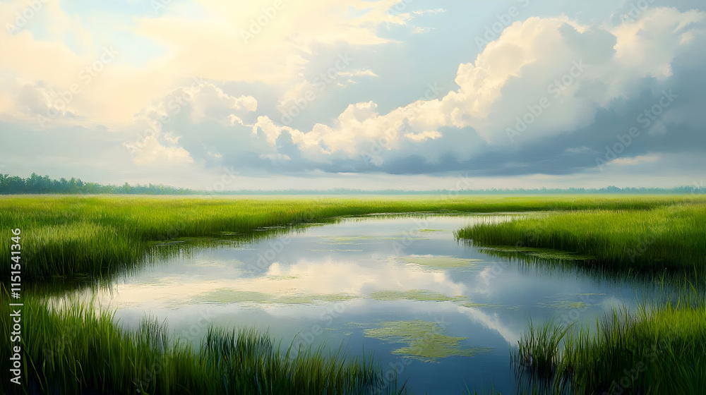 Serene Marsh Landscape: Picturesque Water Reflection and Lush Green Grassland Serene Marsh Landscape: Picturesque Water Reflection and Lush Green Grassland