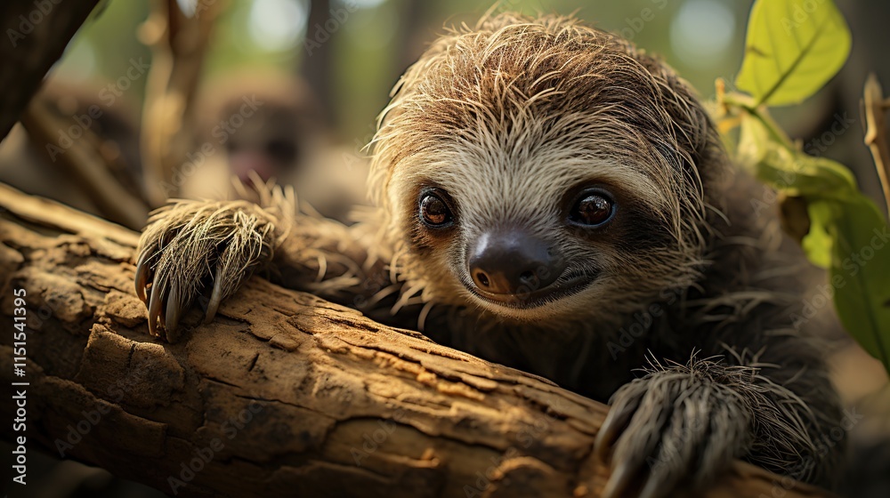 Fototapeta premium Adorable Sloth Hanging On Tree Branch in Rainforest Setting, Close-Up View of Cute Animal with Big Eyes and Soft Fur In Natural Habitat of Tropical Jungle