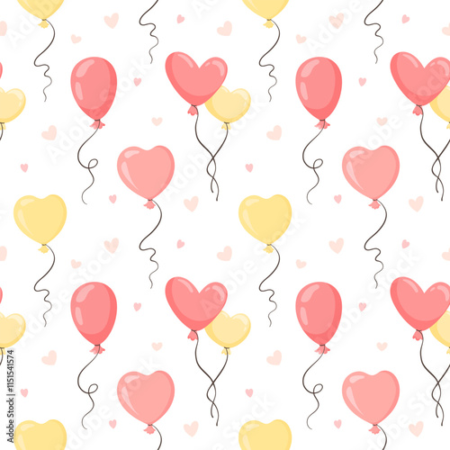 Flying heart-shaped balloons seamless pattern. Vector romantic illustration with balloons of different shapes and hearts. Valentine's Day patten for wrapping paper and cards
