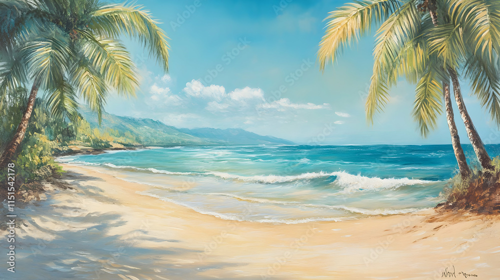 Serene Tropical Beach: Palm Trees, Ocean Waves, and White Sand Serene Tropical Beach: Palm Trees, Ocean Waves, and White Sand