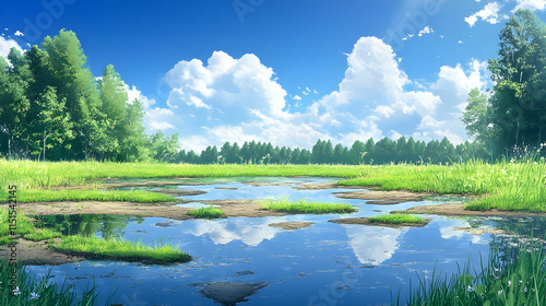 Summer Landscape: Sunny Meadow with Reflections
