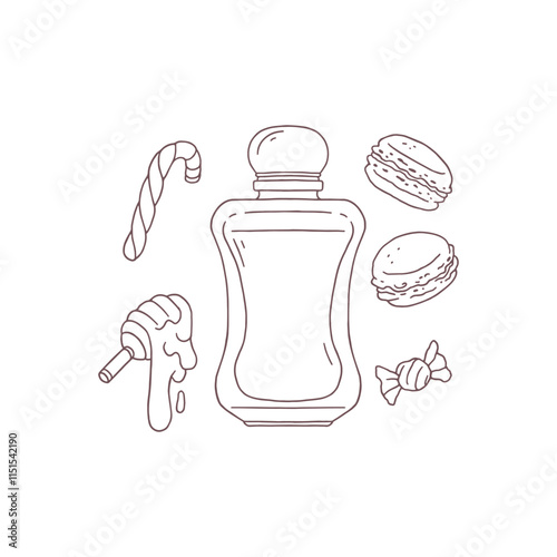 Vector illustration of vintage perfume bottles with aroma of sweets and honey in contour style