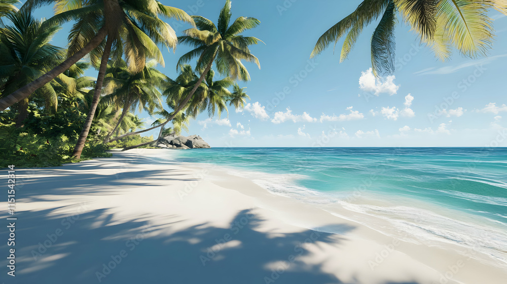Obraz premium Serene Tropical Beach: White Sand, Palm Trees, and Azure Ocean