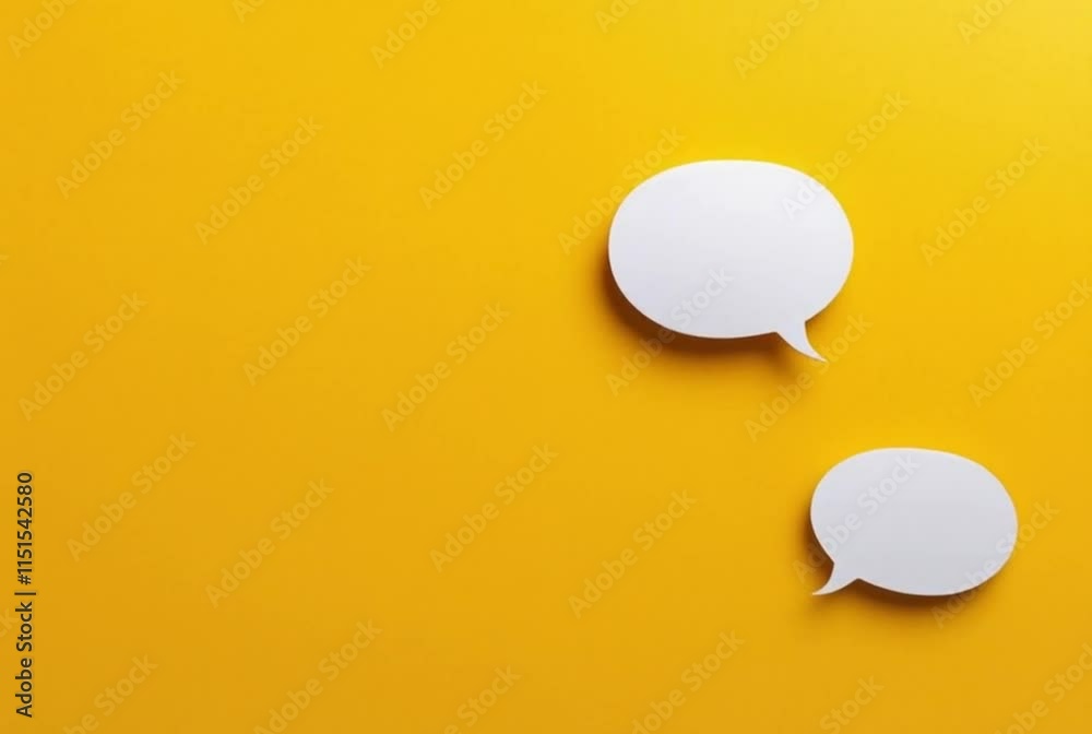 Two blank speech bubbles exchanging messages on yellow background Two blank speech bubbles exchanging messages on yellow background
