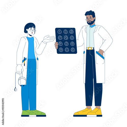 Diverse doctors discussing patient MRI xray cartoon flat illustration. Neurologists analyzing brain magnetic resonance imaging scan 2D characters isolated on white background. Vector colorful image