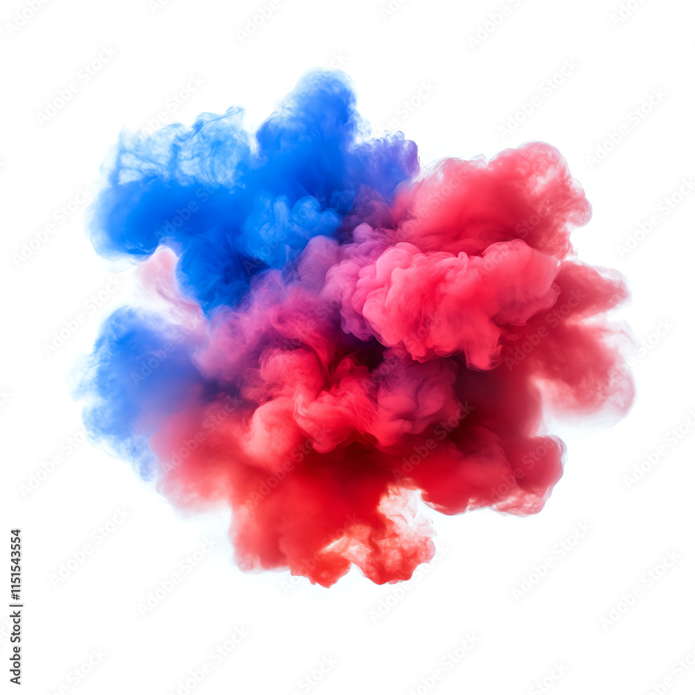 Fototapeta premium Colorful smoke explosion in red and blue isolated on a white background.