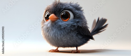 A small fluffy cartoon bird with large eyes standing on a surface.