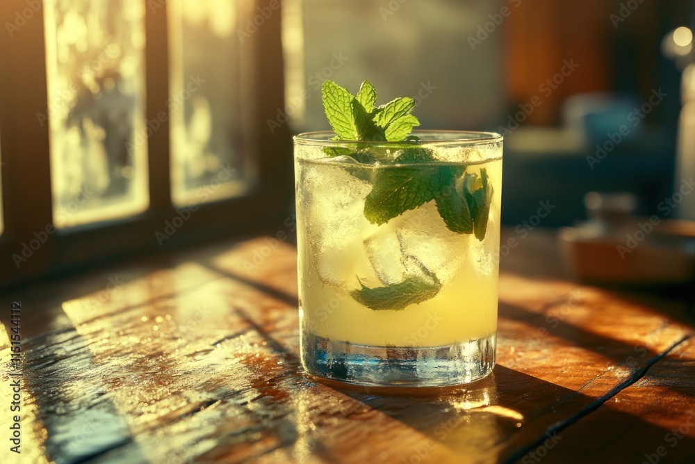 Glass of cold lemonade with mint on wooden table by window Glass of cold lemonade with mint on wooden table by window