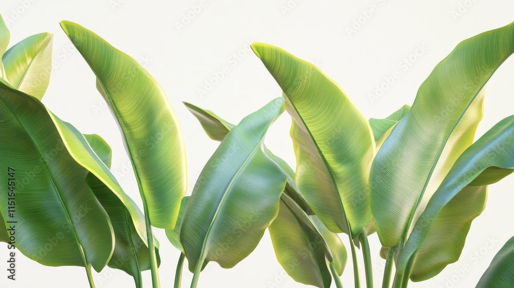 Obraz premium 42.A set of 3D illustrations of musa balbisiana, displaying the wild banana plant with broad, lush green leaves in close-up. The render captures the natural leaf texture, fine details, and unique