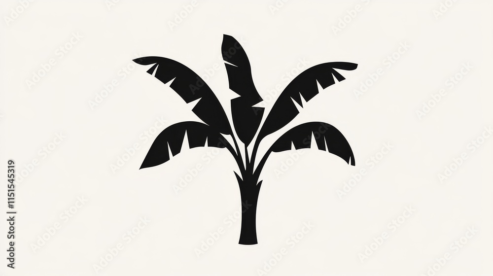 69.A simple black silhouette of a banana tree with three large leaves extending in various directions. The flat design is minimal yet recognizable, capturing the tropical feel and suitable for a 69.A simple black silhouette of a banana tree with three large leaves extending in various directions. The flat design is minimal yet recognizable, capturing the tropical feel and suitable for a