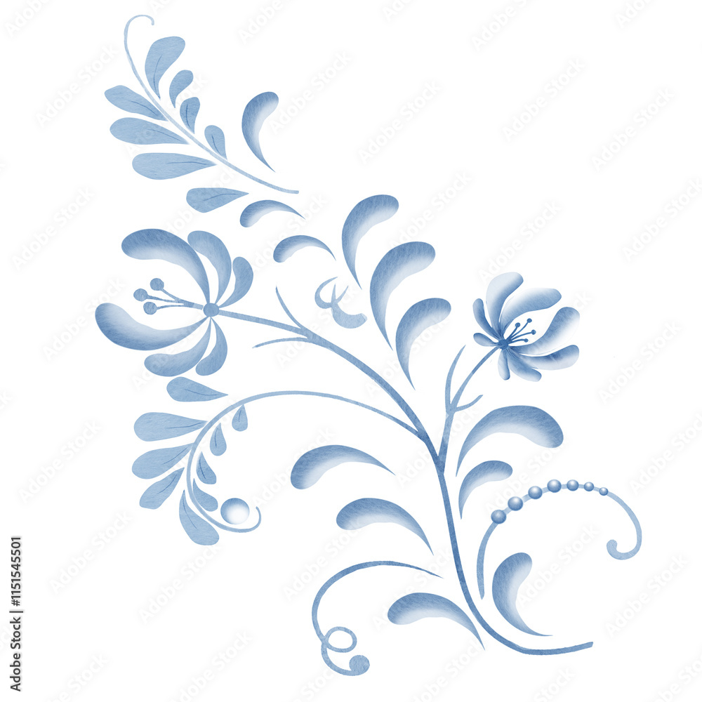 Graceful blue twigs and berries, beautiful flowers and leaves. Russian style ornament element isolated on background. Watercolor illustration in digital. Traditional, folk floral motif. Graceful blue twigs and berries, beautiful flowers and leaves. Russian style ornament element isolated on background. Watercolor illustration in digital. Traditional, folk floral motif.