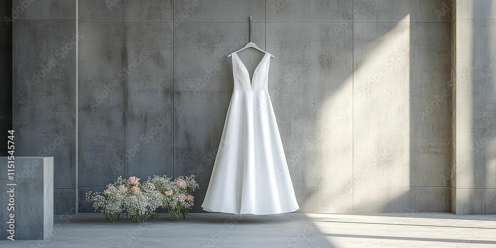 Elegant Lace White Wedding Dress Hanging on Wall in Soft Natural Light Elegant Lace White Wedding Dress Hanging on Wall in Soft Natural Light