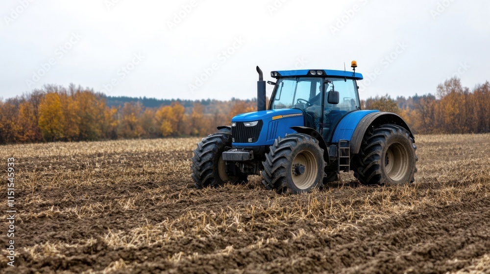 Blue Tractor Plowing Fields Under Gray Sky in Autumn Landscape with Brown Soil and Trees in Background Blue Tractor Plowing Fields Under Gray Sky in Autumn Landscape with Brown Soil and Trees in Background