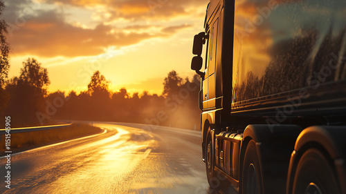 driving truck during summer on the road during sunrise with a low Angle with side-lighting 