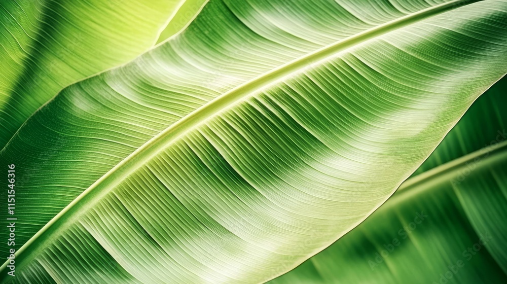 64.A vibrant green banana leaf texture in close-up, revealing delicate veins and organic shapes. The leaf surface has slight folds and a smooth gradient of greens, capturing the natural beauty of 64.A vibrant green banana leaf texture in close-up, revealing delicate veins and organic shapes. The leaf surface has slight folds and a smooth gradient of greens, capturing the natural beauty of
