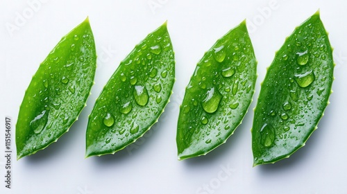 four wet aloe vera leaves on a white surface