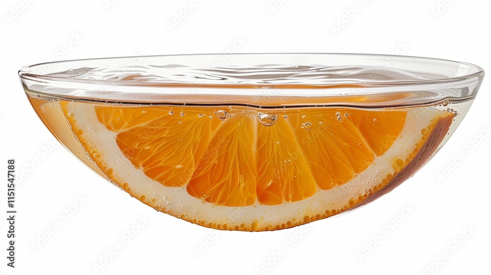 A fresh orange slice half-submerged in water, isolated on a white background. A fresh orange slice half-submerged in water, isolated on a white background.
