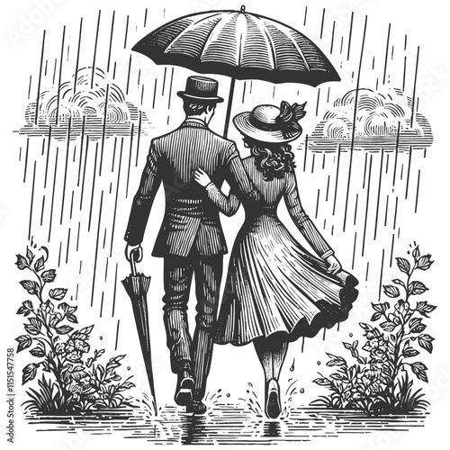 couple walking arm in arm under an umbrella, dressed in vintage attire, amidst pouring rain sketch engraving generative ai vector illustration. Scratch board imitation. Black and white image.