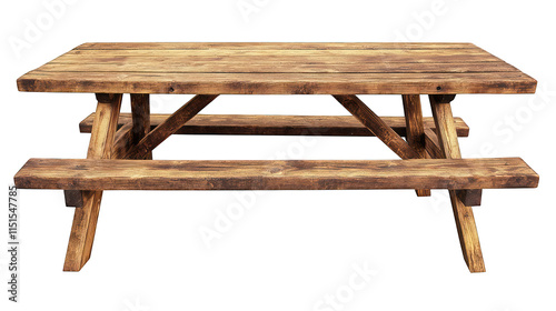 Wooden Picnic Table with Benches Isolated on White Background