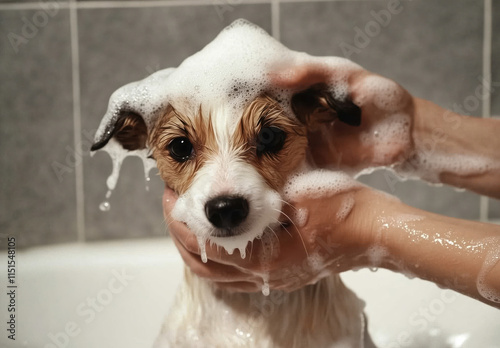 A small white and brown Jack Russell Terrier dog is being bathed in the bathtub, with its head held up by someone's hands holding it from behind to apply soap on its back, which is covered in shampoo 