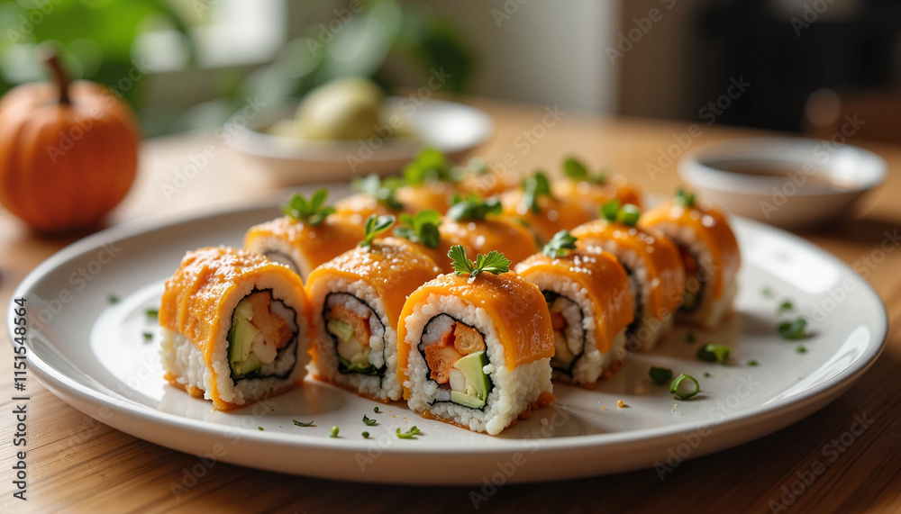 Sushi rolls with salmon, avocado, and chives on white plate
Sushi rolls with salmon, avocado, and chives on white plate