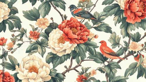 Fototapeta Naklejka Na Ścianę i Meble -  88.Delicate Chinoiserie mural design with vibrant peonies and charming birds set among leafy branches, presented in a balanced, symmetrical pattern that embodies traditional artistry and refined