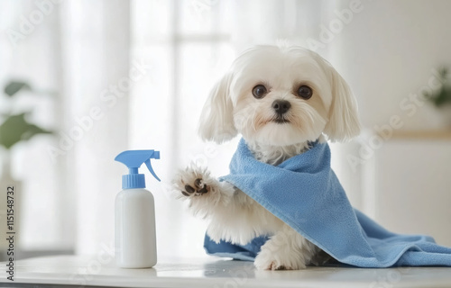 A small dog with fluffy fur wearing a blue towel is raising its paw next to a spray bottle on a table. The space is bright and airy with soft natural light.